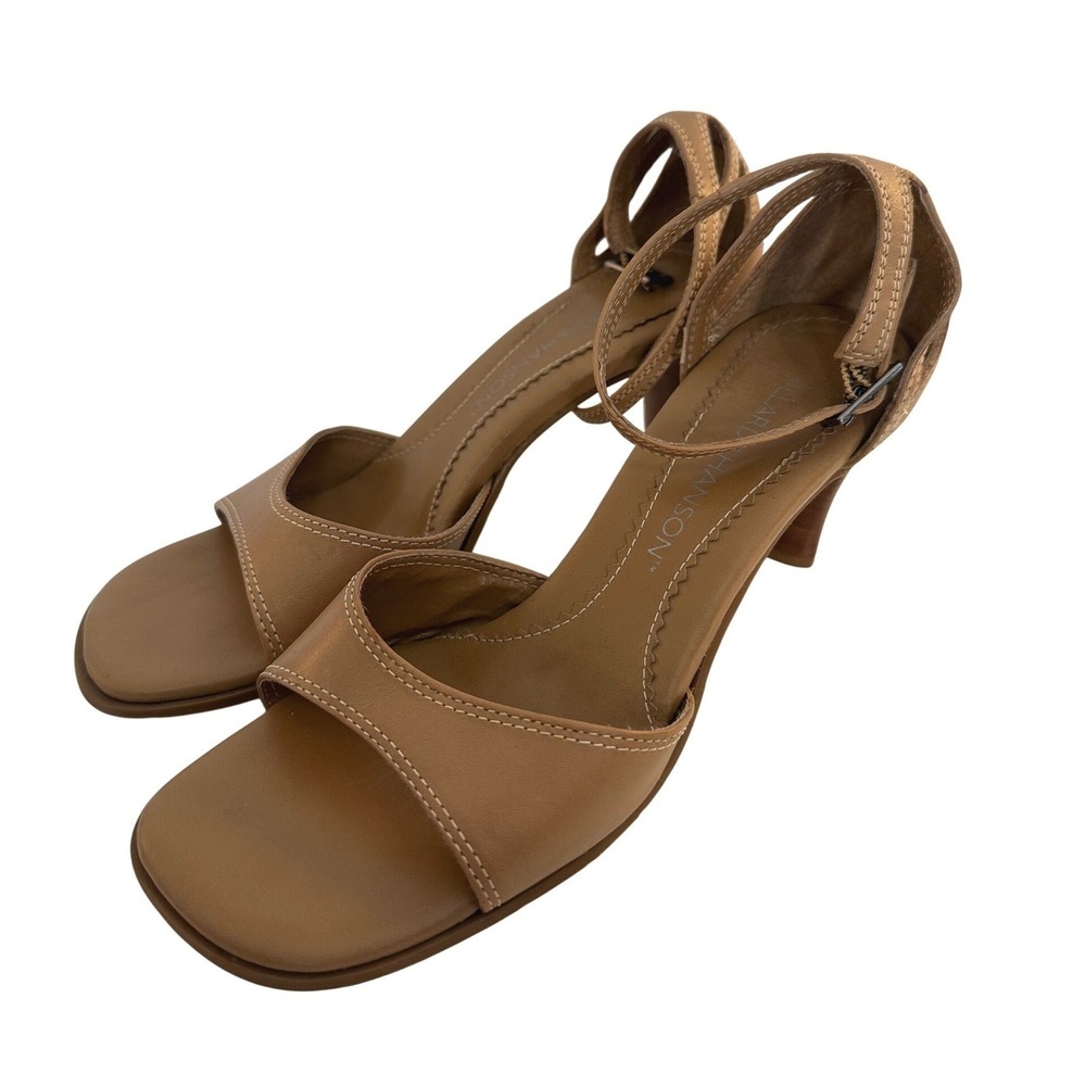 Hillard & Hanson Jillie Tan Leather Ankle Strap Square Toe Sandal Heels 38.5